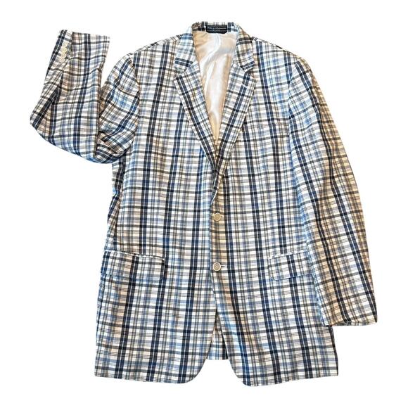 HASPEL Men's Blue Plaid Sport Coat Blazer Suit Jacket Cotton 44L